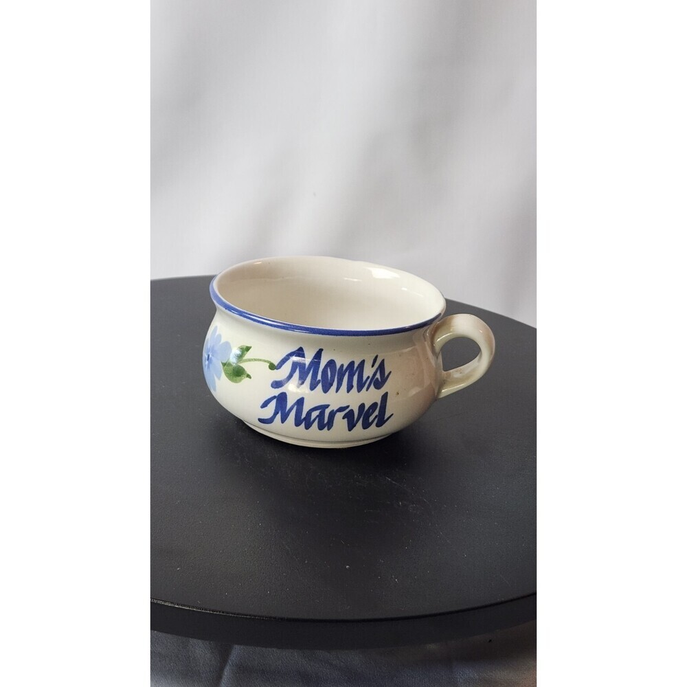 Vintage Hand Painted Flower  "Mom's Marvel" Soup Bowl Mug Blue White Ceramic